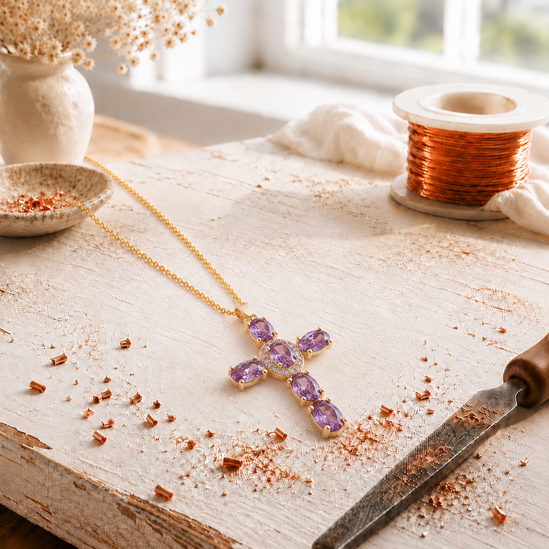 Cross Copper Zircon-laid Pendant with Chain