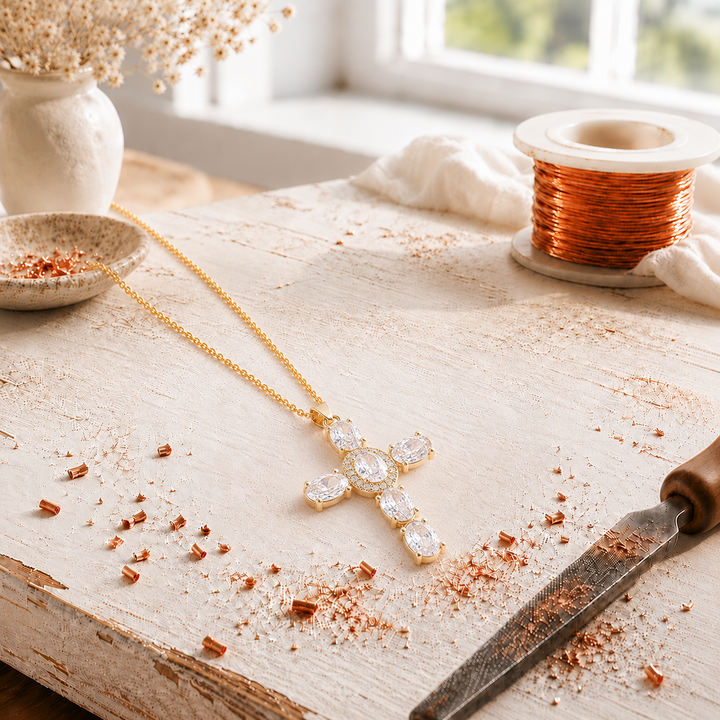 Cross Copper Zircon-laid Pendant with Chain