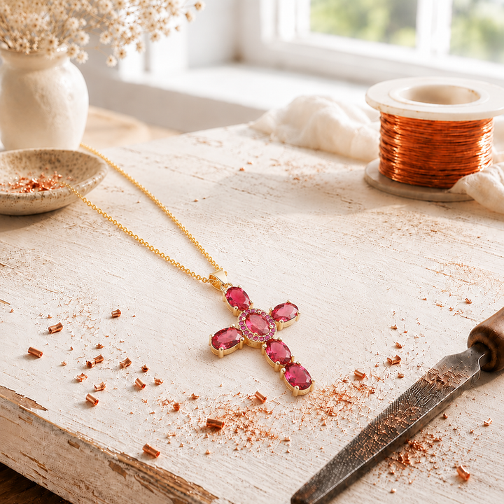 Cross Copper Zircon-laid Pendant with Chain